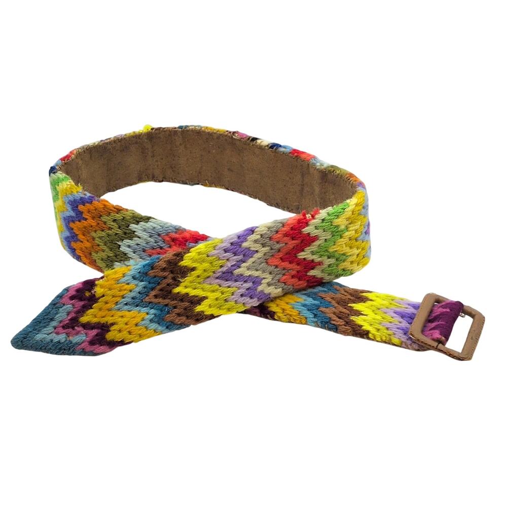 VTG Multicolor Hand-Stitched Needlepoint Leather Embroidered Belt West Germany
